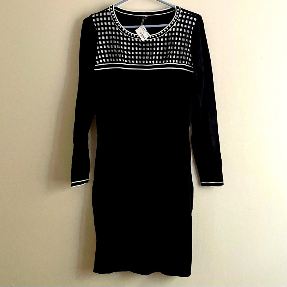 NWT Yest women’s size US 6 black sweater dress with pearl detail neckline.